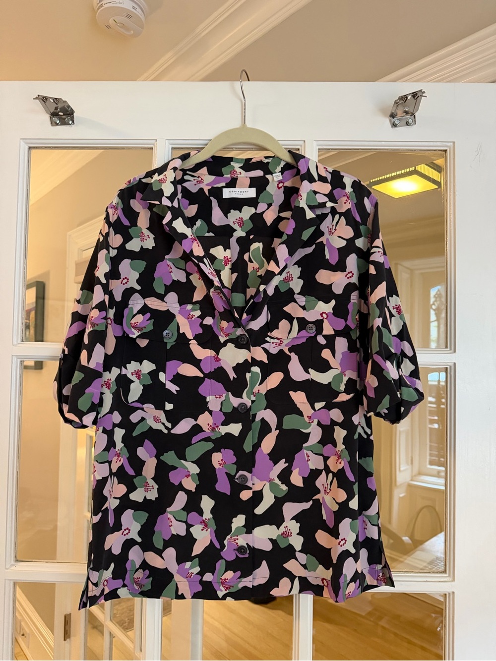 Equipment Black Floral Camp-Collar Button-Up Blouse with Pink & Purple Accents